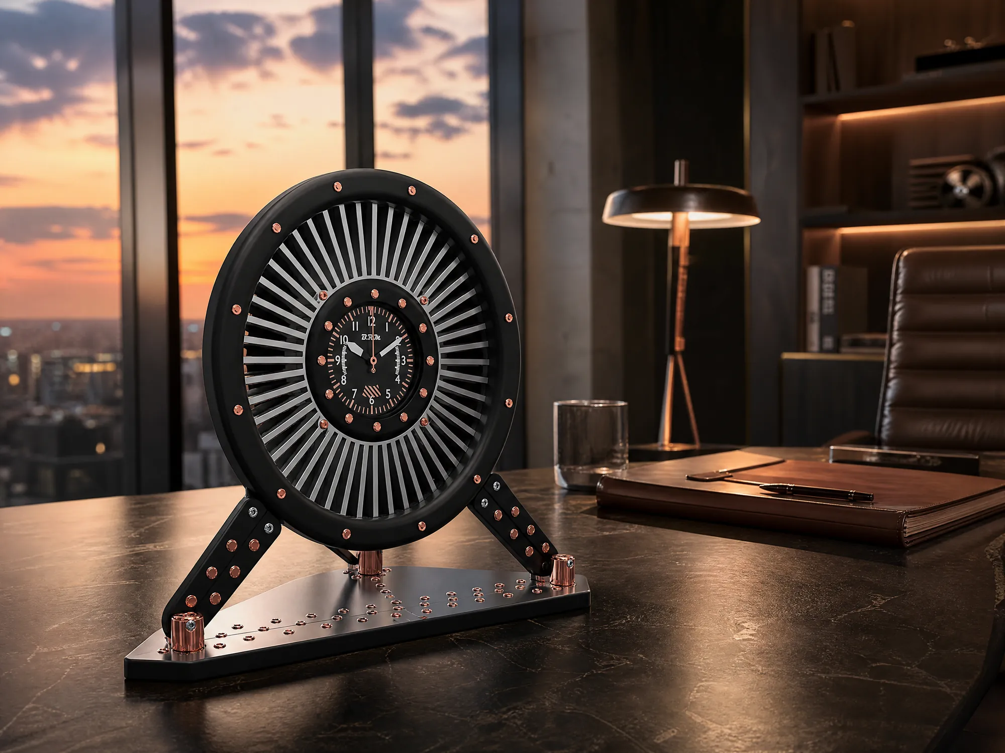 Le Réacteur, horloge B.R.M en aluminium, sur un bureau de direction au coucher du soleil