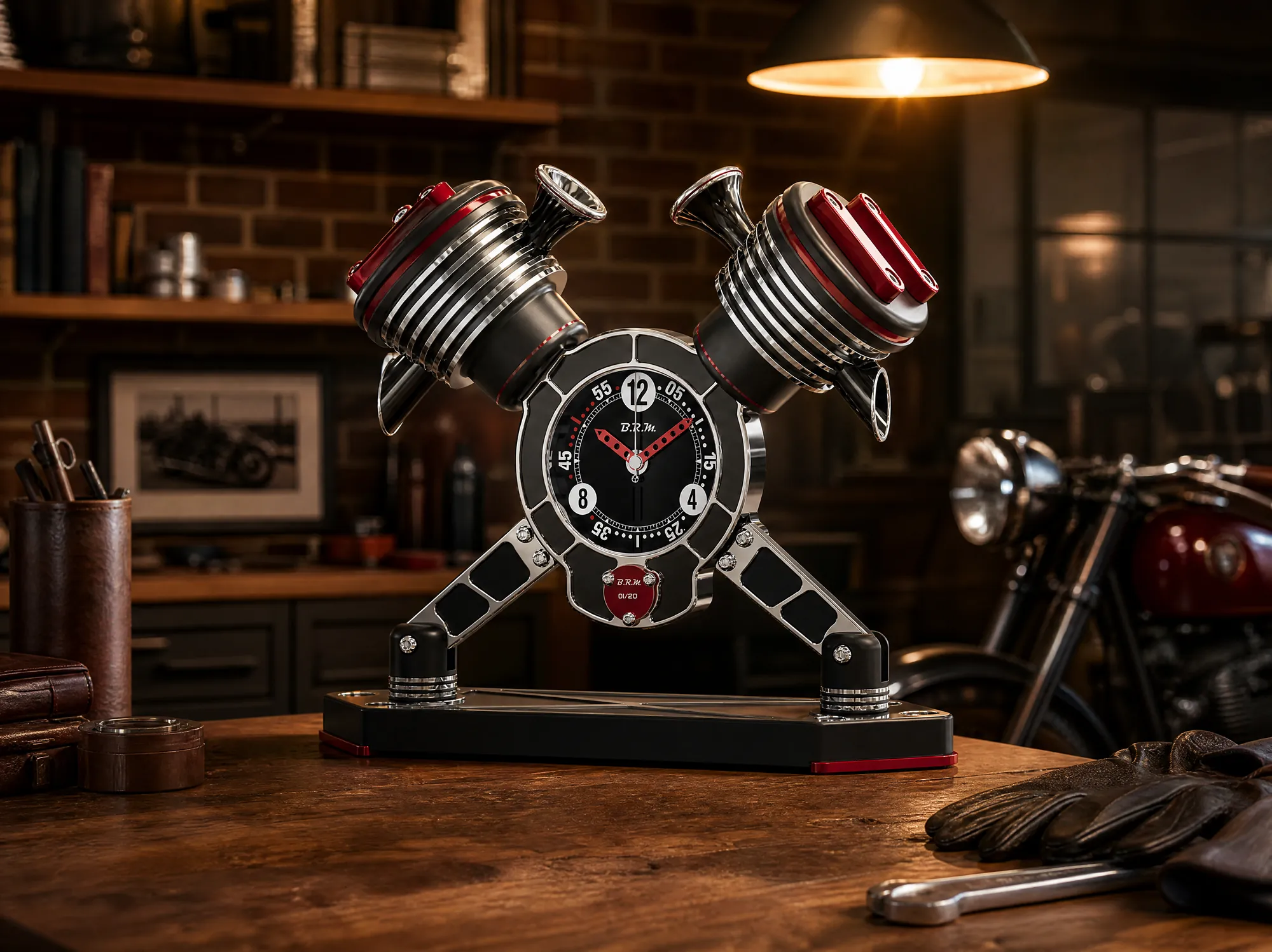 The V-Twin, B.R.M aluminium clock, on the workbench of a motorcycle workshop