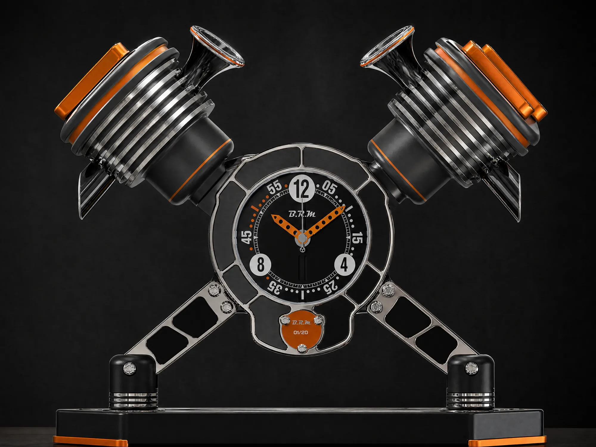 The V-Twin close up: the two-tone satin fins, the rocker covers and the dial in the hollow of the V